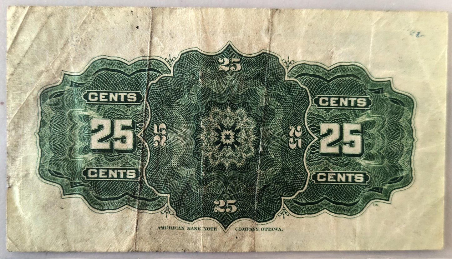 1900 Dominion of Canada 25 Cent Fractional Note - Rarer Saunders Signature - 1900 Canadian Fractional Currency Twenty-Five Cents - P#9c