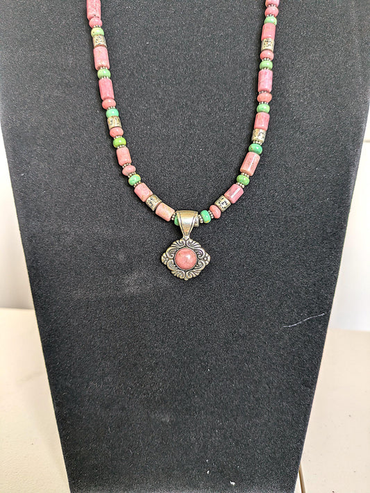 Vintage Carolyn Pollack Sterling Silver Southwestern Rhodonite and Turquoise Beaded Necklace - 17-19 Inches Adjustable