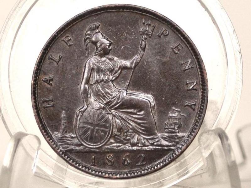 1862 Great Britain Half Penny - UNC (Uncirculated) Grade/Condition - UK Penny 1862 England 1 Cent - Queen Victoria - Bronze, High Grade