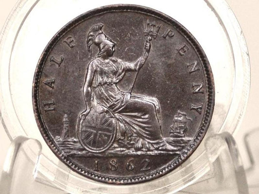 1862 Great Britain Half Penny - UNC (Uncirculated) Grade/Condition - UK Penny 1862 England 1 Cent - Queen Victoria - Bronze, High Grade