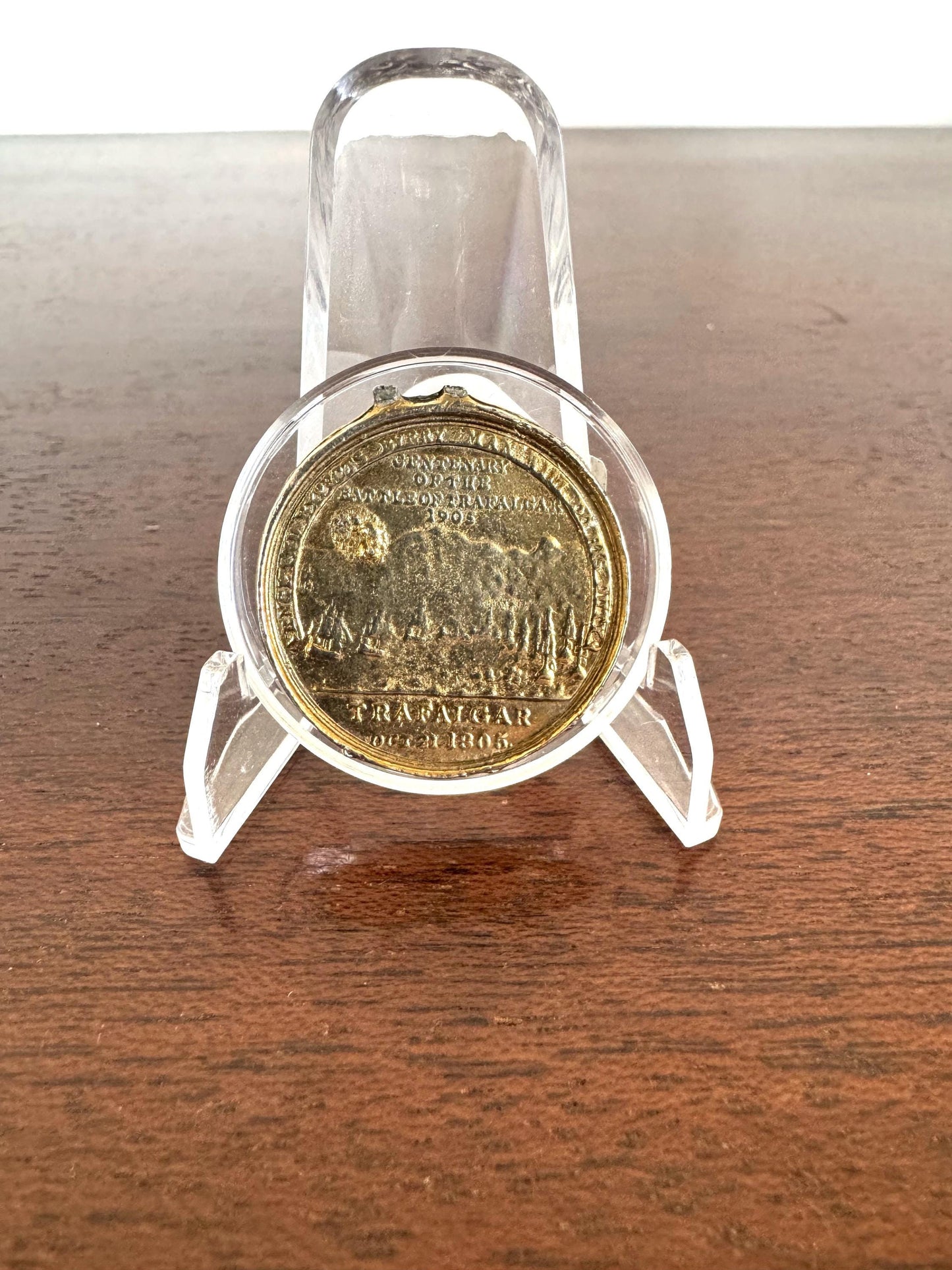 Antique Horatio Viscount Nelson and Centenary of Battle of Trafalgar 1805 Gold Toned Tin Token - Battle of Trafalgar 1805 Centenary Token