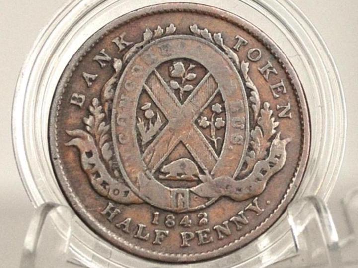 1842 Half Penny Bank Token - VF/XF - Short & Heavy Trees - 1/2 Penny Bank Token 1842 Bank of Montreal Canadian Bank Token -