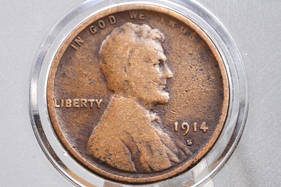 1914-S Wheat Penny - Better Date - F (Fine) condition - 1914S Wheat Ear Cent - World War I Era Coin - 1914 S Lincoln Cent Wheat Back 1914 S