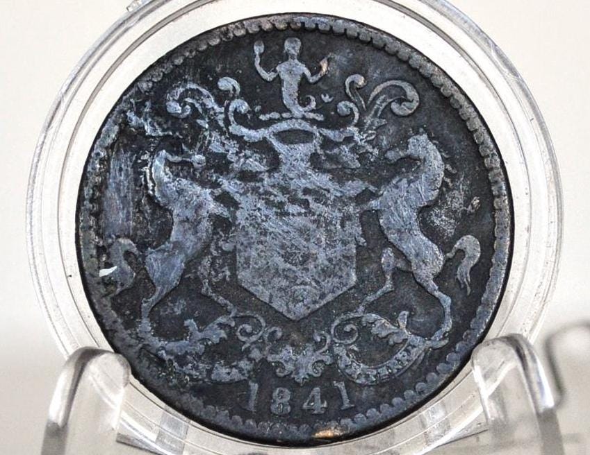 1841 Newfoundland Half Penny - G/VG Condition - Brass Rutherford Crest Half Penny - St. John's Newfoundland Halfpenny