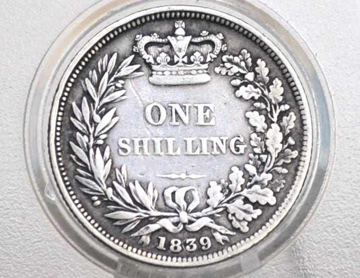 1839 Great Britain Silver 1 Shilling UK One Shilling 1839 - Fine Grade - Queen Victoria - Great Details - Old Silver Shilling