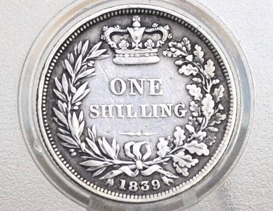 1839 Great Britain Silver 1 Shilling UK One Shilling 1839 - Fine Grade - Queen Victoria - Great Details - Old Silver Shilling