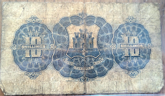 1942 Government of Gibraltar 10 Shillings Note - Financial Secretary Type - WW2 Dated Note - 1942 Gibraltar Ten Shillings Banknote - P#14b