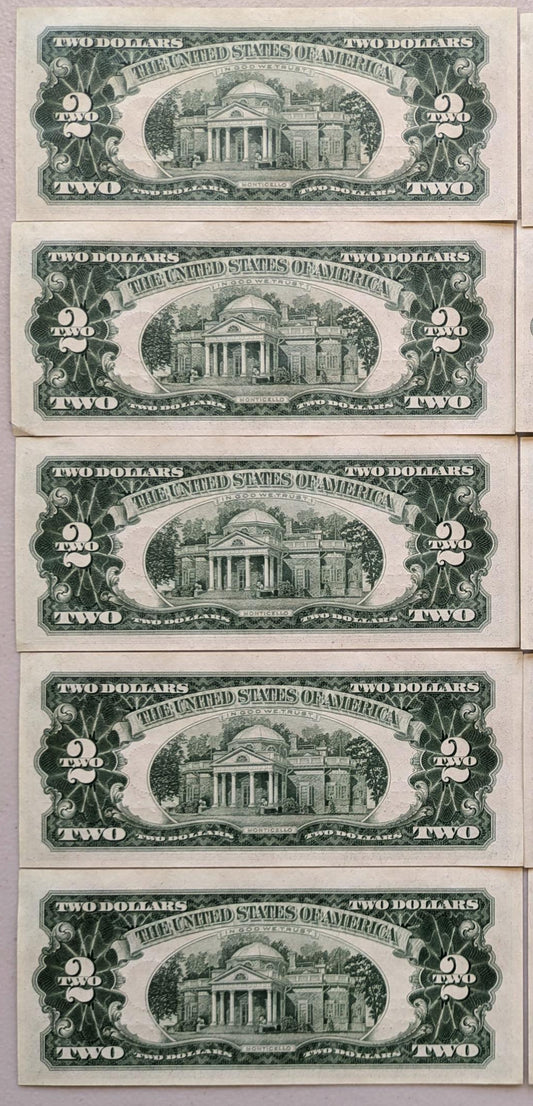 Set of 5 1963A Red Seal 2 Dollar United States Notes - UNC - Consecutive Serial Numbers - 1963 A Two Dollar Legal Tender Notes - Fr.1514 (Co