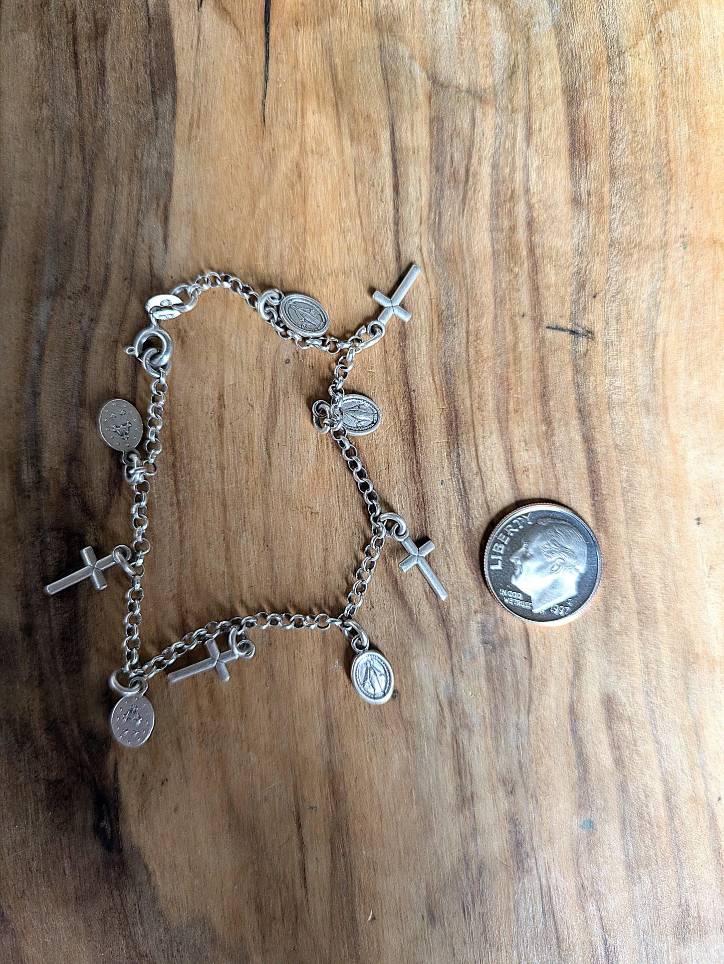 Religious Sterling Silver Italy Madonna Cross Bracelet - Madonna Cross Bracelet - Small Cross and Madonna Bracelet - 18 mm