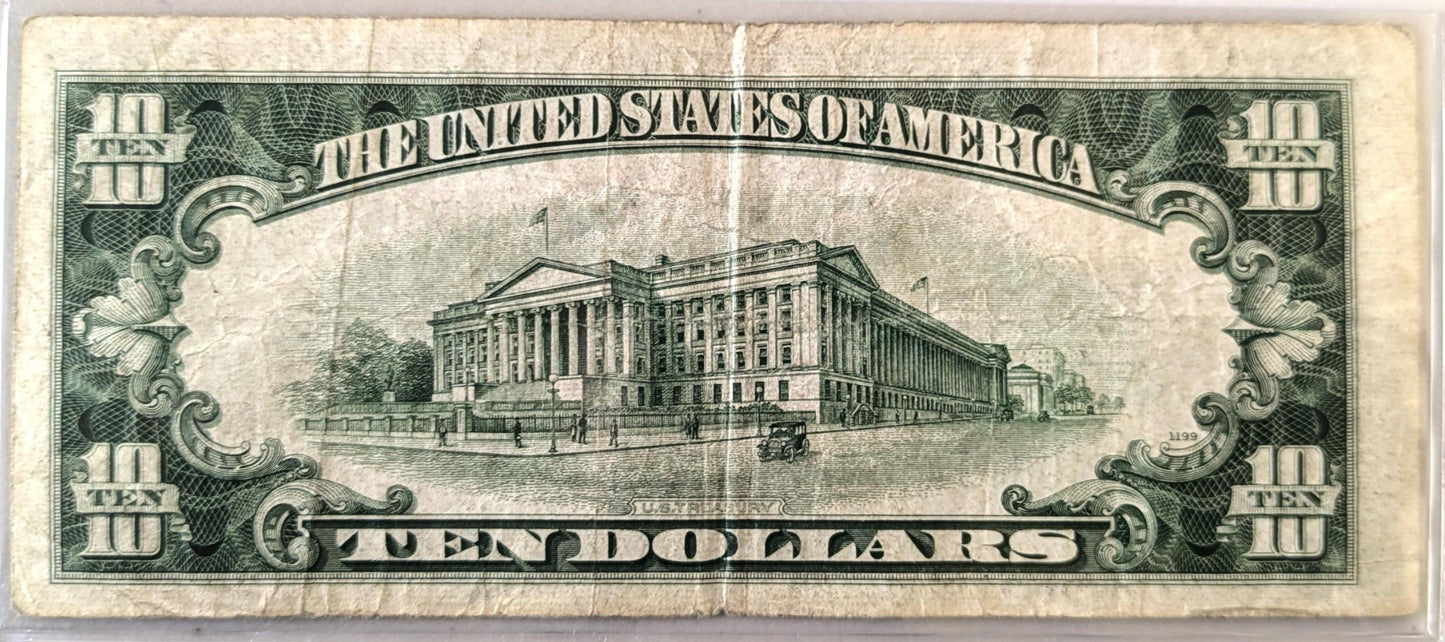 1934D 10 Dollar Silver Certificate Note - B-A Block - Very Fine (Vf) Grade - Blue Seal 1934-D Ten Dollar Silver Cert Note - Fr#1705