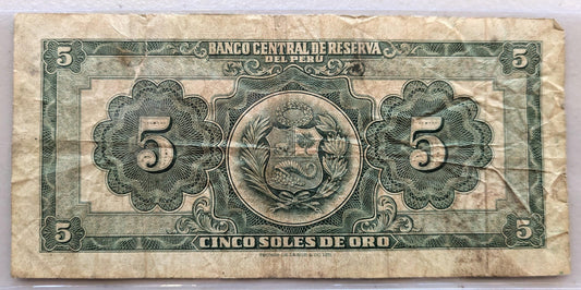 1954 Central Reserve Bank of Peru 5 Soles de Oro Note - Series J20 - 1954 Peruvian Cinco Five Soles de Oro Banknote - P#70a