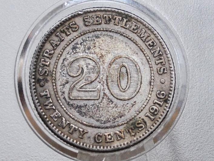 1916 Silver British Straits Settlements 20 Cents - XF/AU Condition - King George V -