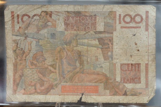 1946 Bank of France 100 Franc Note - Farmer Type - Rousseau/Favre-Gilly Signatures - 1946 French One Hundred Francs Banknote - P#128a