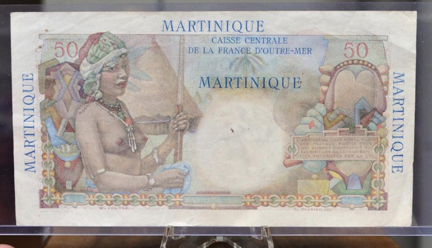 1947 French Martinique 50 Francs Banknote - Rare Colonial Africa Note - Extremely Fine (XF) - 1947 N.D. Martinique Fifty Francs Note - P#30a