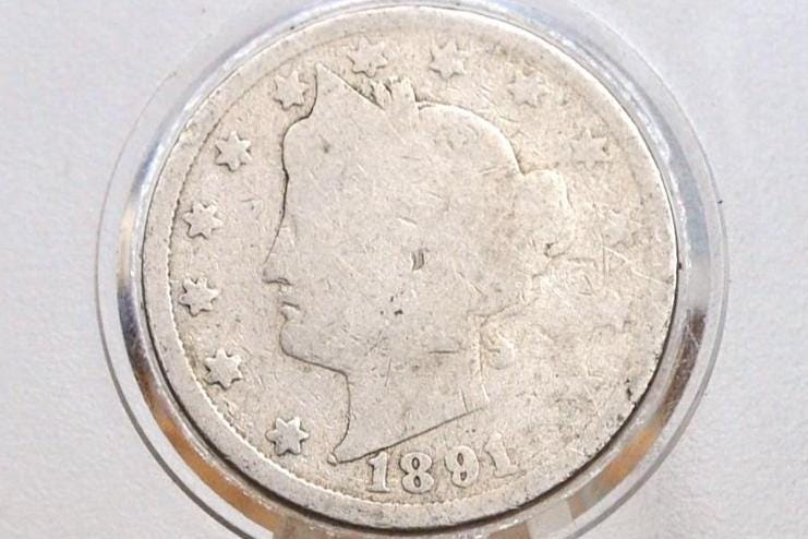 1891 Liberty Head Nickel - AG (About Good) Grade - Lower Mintage Date - 1891 V Nickel - Philadelphia Mint - 1891 Nickel
