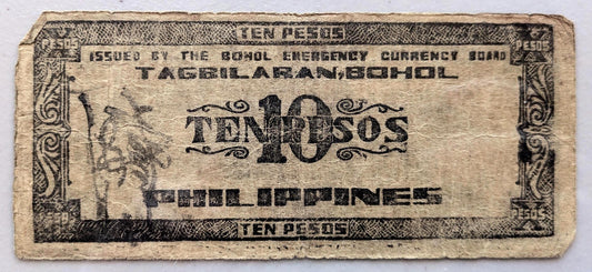 1942 Philippines Bohol Emergency 10 Peso Note - WWII Emergency Currency Philippines - 1942 Bohol Filipino Ten Pesos Banknote - P#S137j
