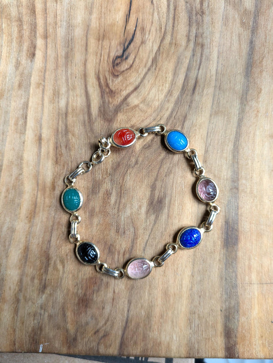 Vintage Egyptian Scarab Gold-Tone Bracelet - 19 Inches - Egyptian Revival Scarab Bracelet - Multicolor Scarab Bracelet - Scarab Amulet