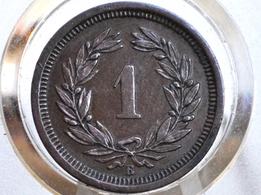 Rarer 1884B Switzerland 1 Rappen - AU - 1884 B Helvetica 1 Rappen Swiss One Rappen 1884, Great Coin