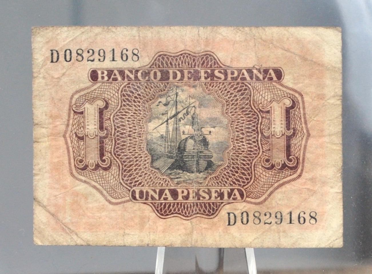 1953 Bank of Spain 1 Peseta Bank Note - Marques de Santa Cruz Type - Letter-Number Serial - 1953 Spanish Una One Peseta Note - P#144a