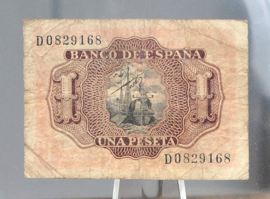 1953 Bank of Spain 1 Peseta Bank Note - Marques de Santa Cruz Type - Letter-Number Serial - 1953 Spanish Una One Peseta Note - P#144a