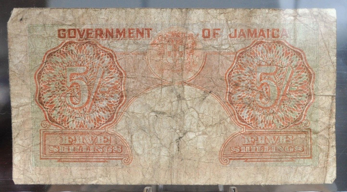 1948 Government of Jamaica 5 Shillings Banknote - 2nd January 1948 Issue - King George VI - 1948 British Jamaica Five Shilling Note - P#37a