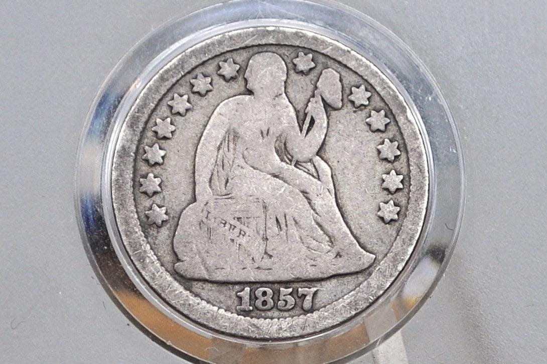 1857 Seated Liberty Dime - G (Good), Nice Original Coin - 1857