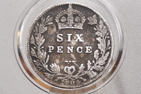 1904 Silver Sixpence Great Britain - VG+, Great Detail - King Edward- Sterling Silver 6 Pence 1904 Six Pence 6 Pence 1904, Great Coin