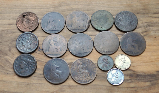 Old Coin Lot, 16 Coins, US & UK Coins - Varying Conditions, Great Deal! Us Large Cents, Pennies, Exact Coins in Photo