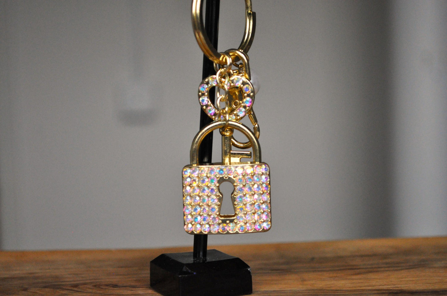Sparkling Gold Tone Lock & Key Keychain - Rhinestone Studded Heart Key and Lock - Non-Opening Lock