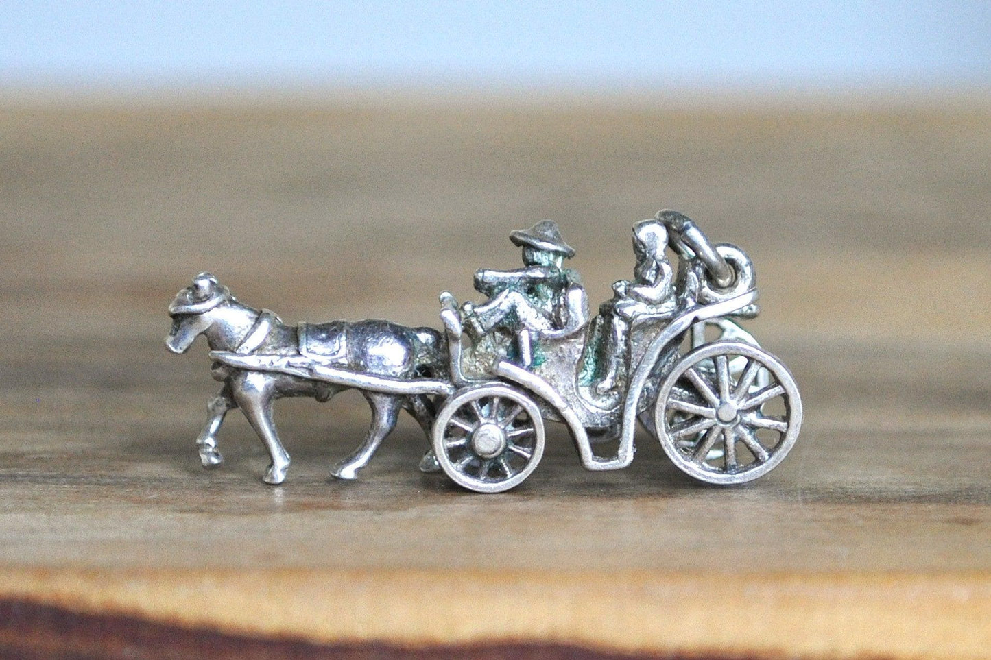 Antique Sterling Silver Horse and Carriage Pendant - Tested Sterling Silver - Man, Woman, and Blinded Horse - Moveable Wheels