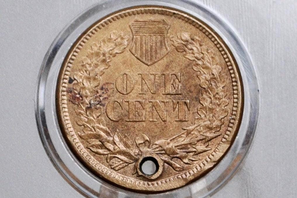 1860 Indian Head Penny - Uncirculated Details, Holed - Round Bust - 1860 Cent Indian Head 1860 Damage Coin / Discount Coin