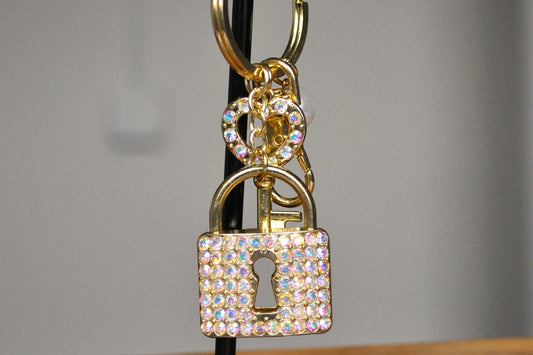 Sparkling Gold Tone Lock & Key Keychain - Rhinestone Studded Heart Key and Lock - Non-Opening Lock