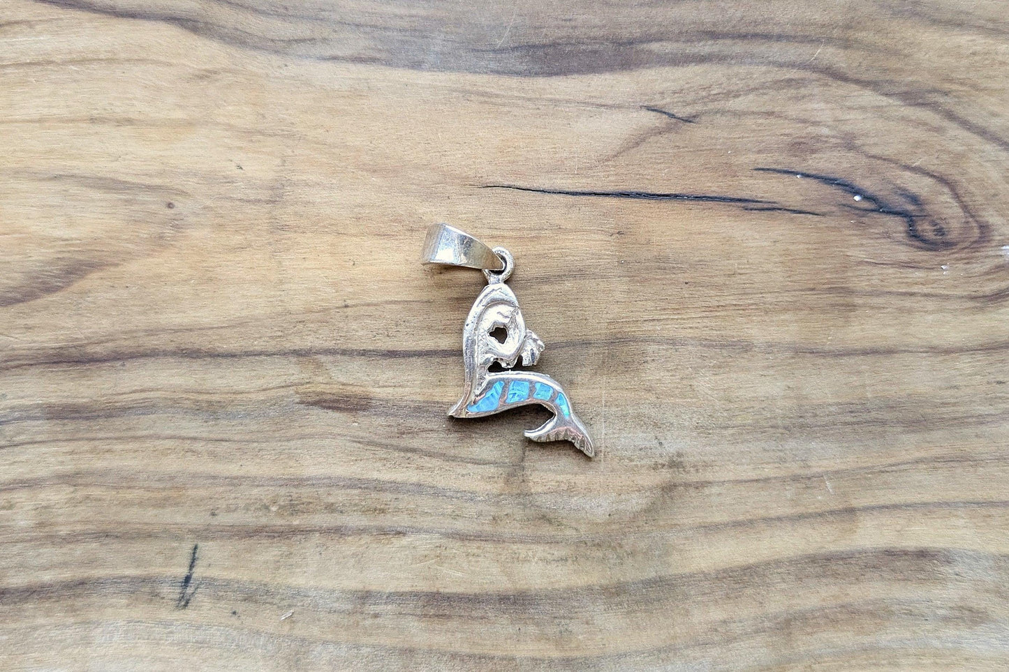 Sterling Silver Mermaid Inlay Fire Blue Opal Pendent - Stamped and Tested Sterling Silver - 950 Silver Mermaid Pendant