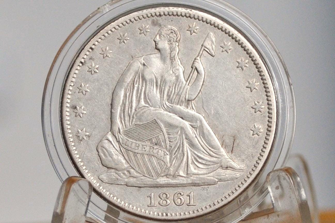 1861 Seated Liberty Half Dollar - AU (About Unc.), 1861 Liberty Seated Silver Half Dollar 1861 Mint Half
