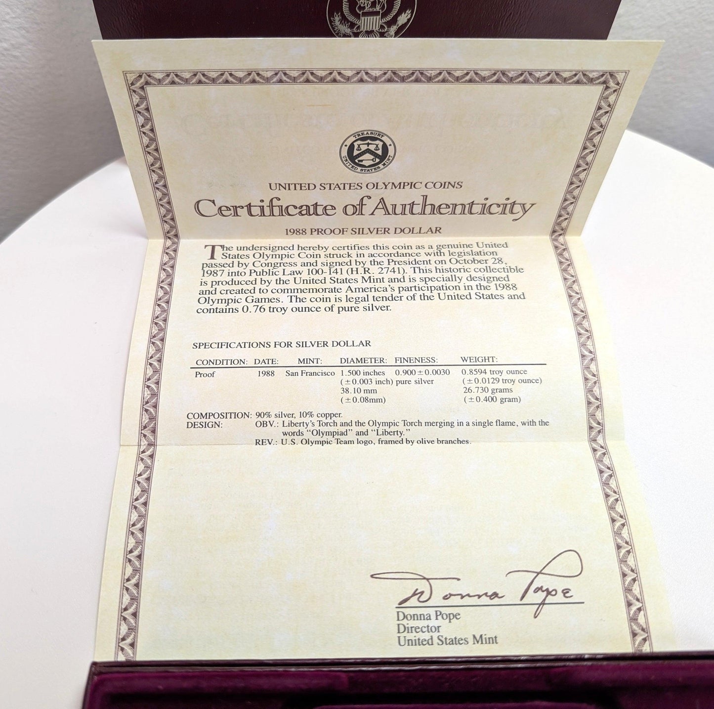 1988-S Proof Commemorative SILVER Dollar Olympic Coin With Box and COA San Francisco Mint