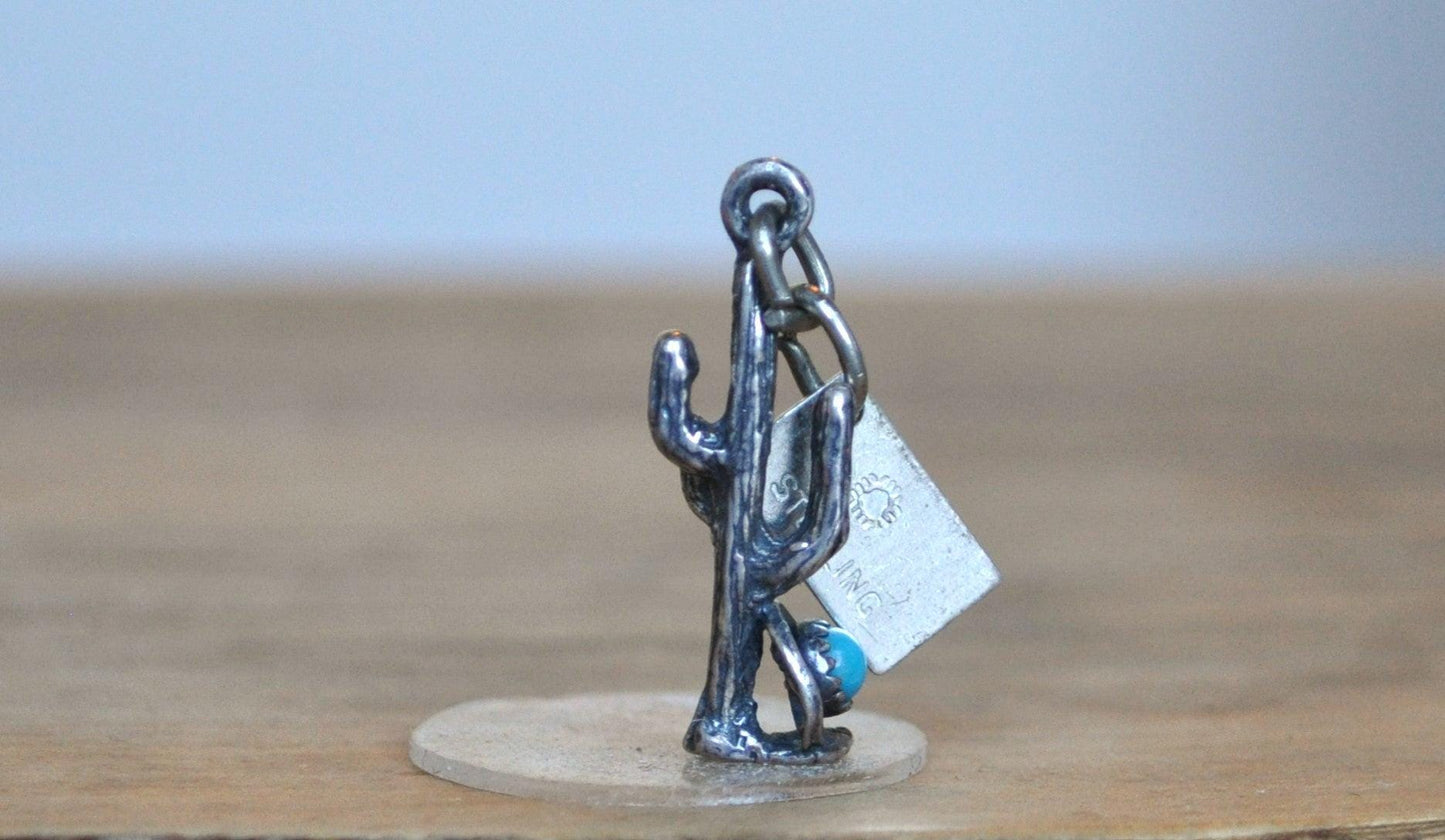 Bell Trading Post Old Tucson Turquoise Cactus Pendant - Stamped and Tested Sterling Silver - Old Tucson Arizona - Saguaro Charm