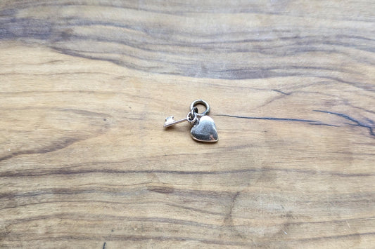 Sterling Silver Small Heart and Key Charm - Tested Sterling Silver - Lovers Charm
