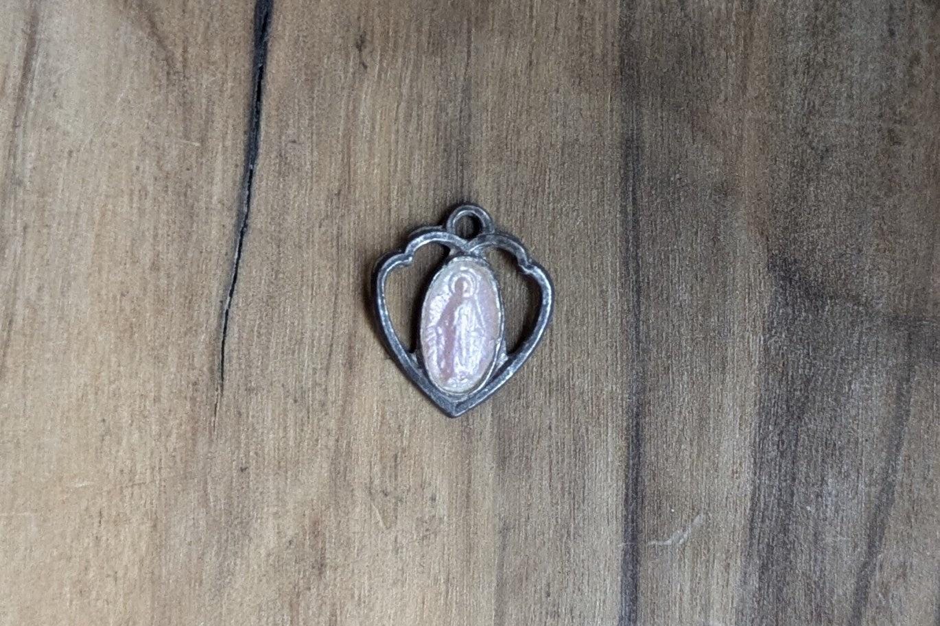 Antique Sterling Silver Small HMH Religious Heart Miraculous Medal Pendant - Stamped and Tested Sterling Silver - Christian Medal - Italian