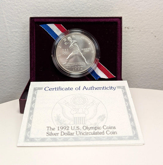 1992-D Unc Commemorative Silver Dollar U.s. Olympic Baseball Coin Uncirculated With Box And Coa