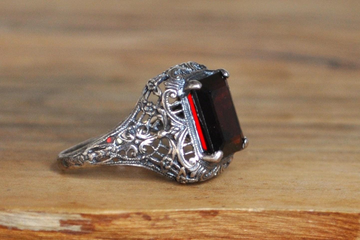 Regal Sterling Silver Cubic Zirconia Garnet Ring - Stamped and Tested Sterling Silver - Rectangle Cut Ring - Victorian Filigree