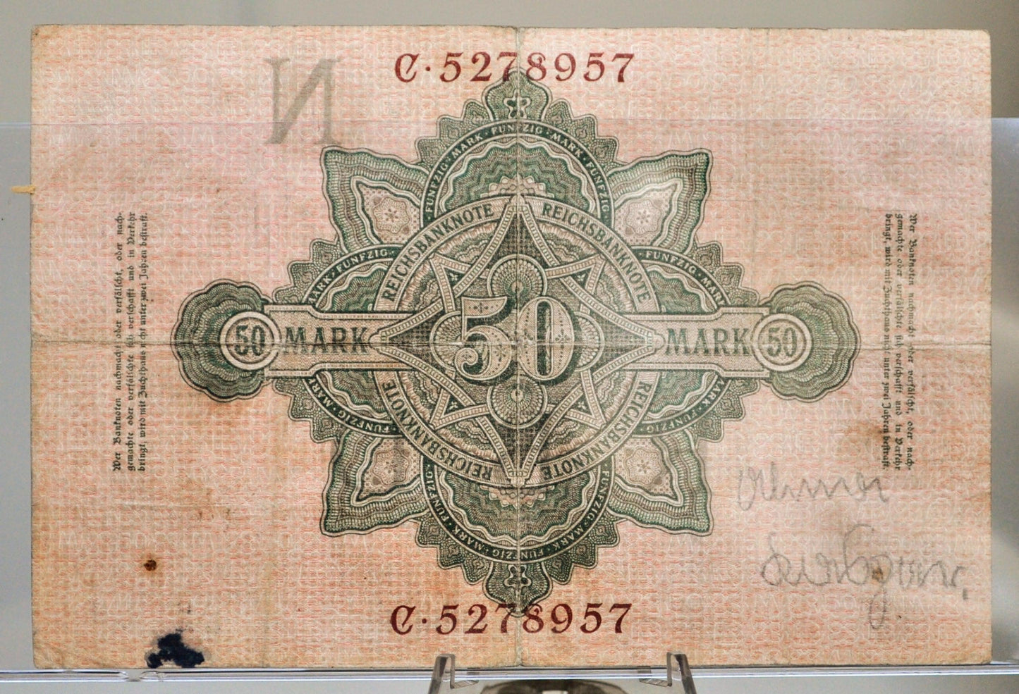1910 Germany 50 Mark Banknote - Reichsbanknote - Red Underprint - 1910 Fifty Marks German Empire Note - P#41