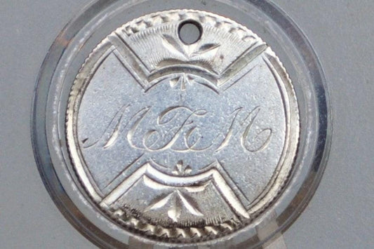 Genuine Antique Love Token, MJM - Made From an 1888 Silver Dime - Beautiful Scroll Work, 1800s Silver Love Token, "MJM" Love Token