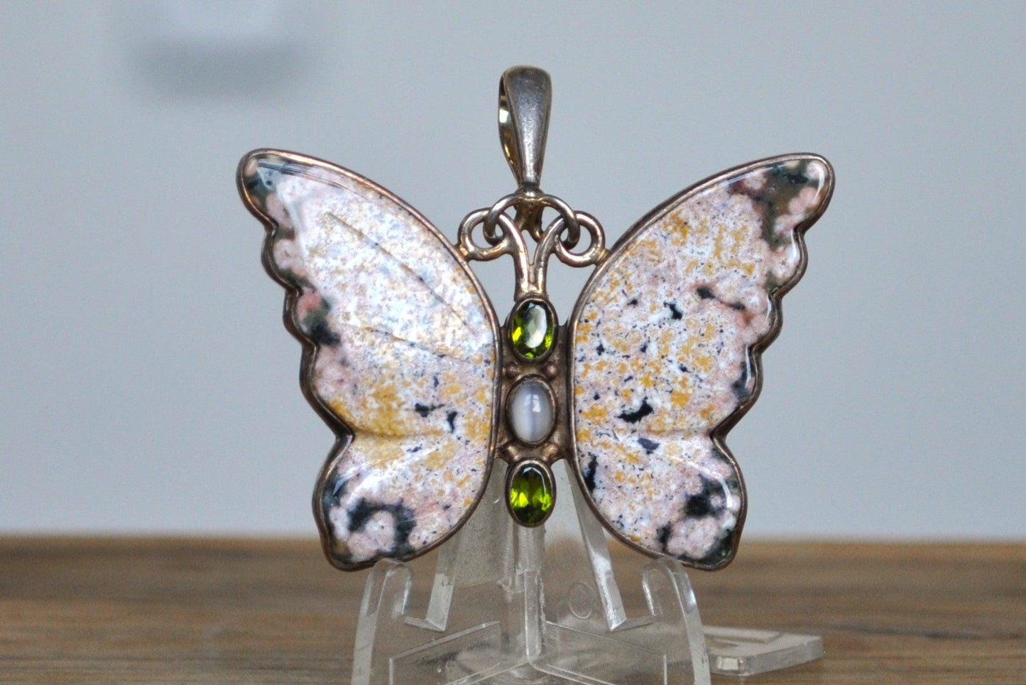 Rare Sterling Silver Ocean Jasper Butterfly - Stamped and Tested Sterling Silver - Peridot and Moonstone - Sajen Jewelry