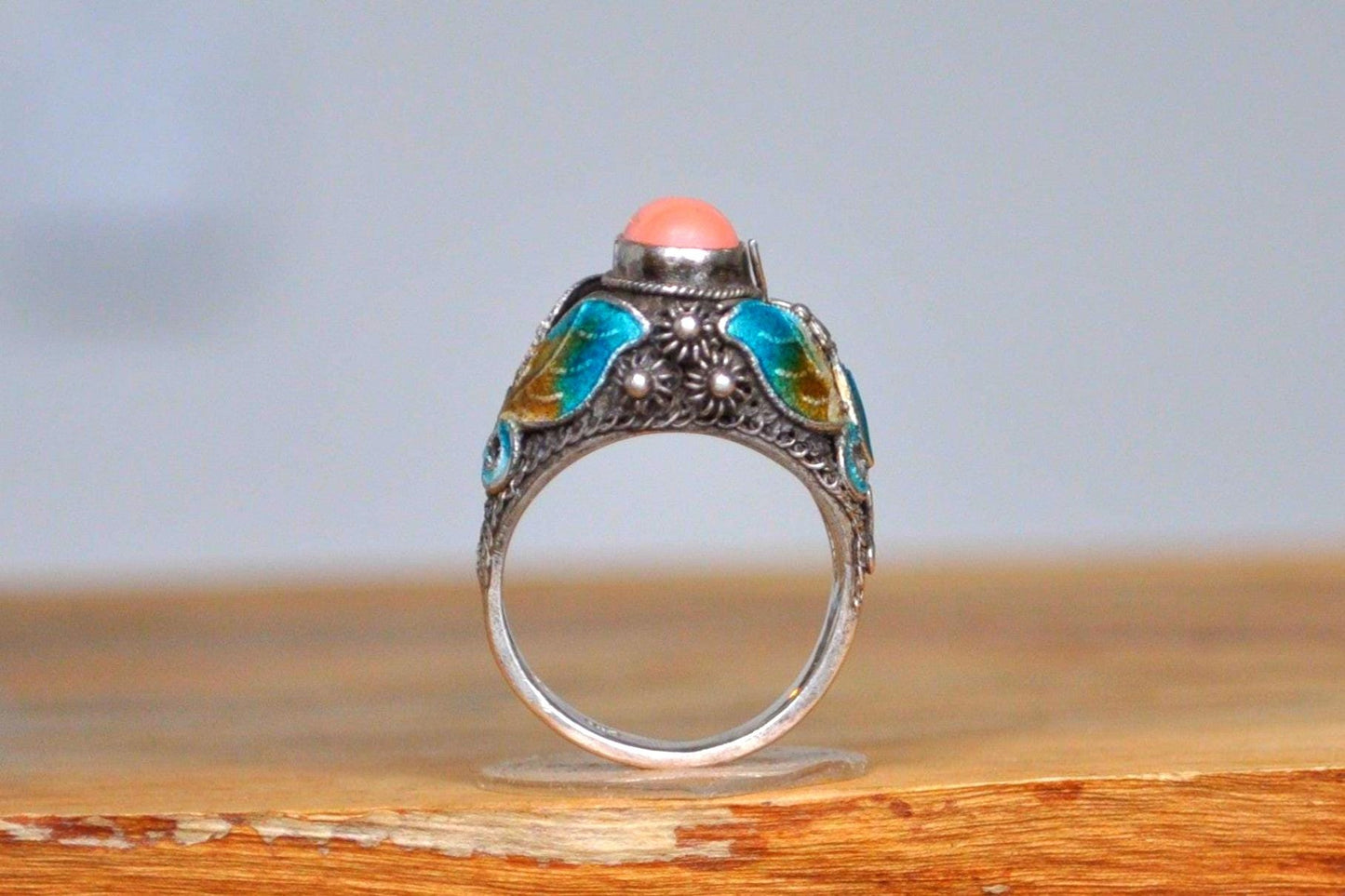 Stunning Silver Cloisonné Butterfly Pink Coral Ring - Size 6 - Stamped and Tested Sterling Silver - Chinese Jewelry