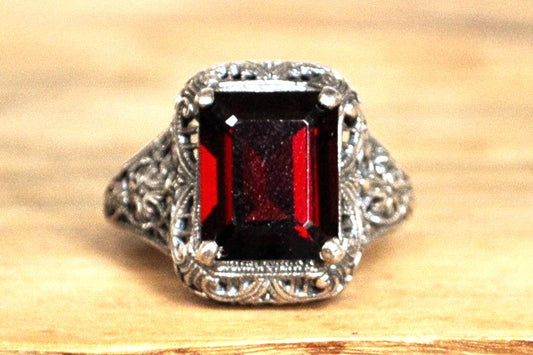 Regal Sterling Silver Cubic Zirconia Garnet Ring - Stamped and Tested Sterling Silver - Rectangle Cut Ring - Victorian Filigree