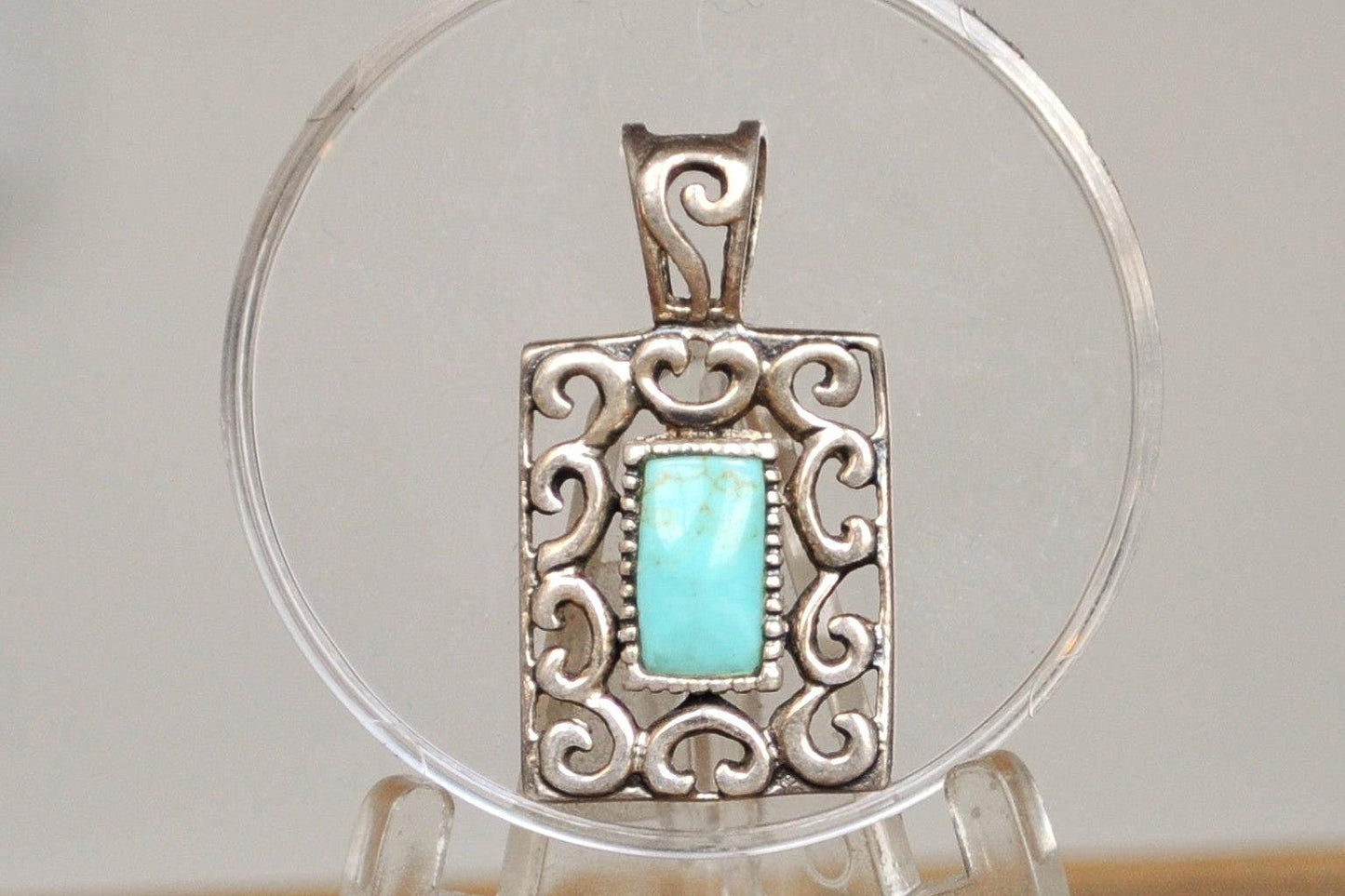 Sterling Silver Turquoise Rectangle Filigree Pendant - Stamped and Tested Sterling Silver - Vintage Turquoise Pendant