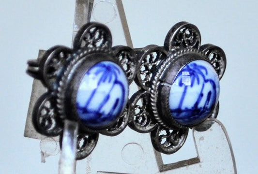 Authentic Sterling Silver Double Delft Porcelain Filigree Brooch - Signed Delft Porcelain - Vintage Delft Holland Seascape Porcelain Pin 925