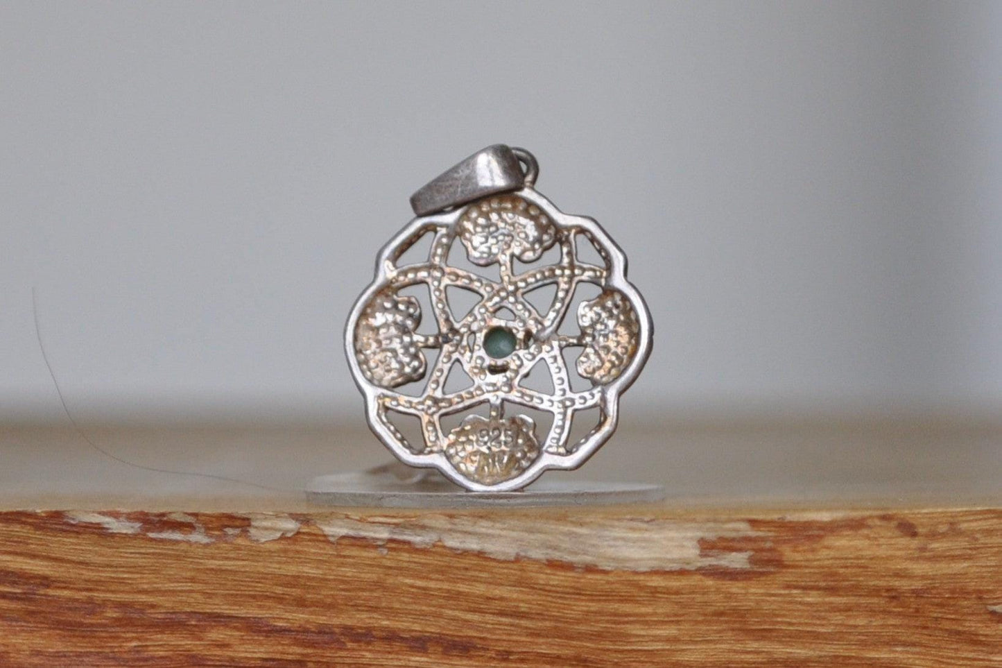 Emerald Studded Celtic Knot Filigree Shamrock Pendant - Stamped and Tested Sterling Silver - Irish Jewelry