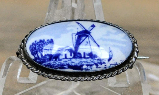 Authentic Sterling Silver Delft Porcelain Windmill Oval Brooch - Signed Delft Porcelain - Vintage Delft Holland Windmill Porcelain Pin 925