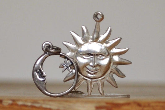 Silver Anthropomorphic Sun and Moon Charms - Stamped and Tested Sterling Silver - Solar and Lunar Charms